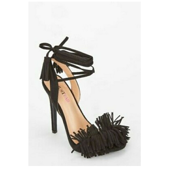 JustFab Tayrey Suede Wrap Around Fringe Tassel Stiletto Strappy Heels - Black - Picture 2 of 11